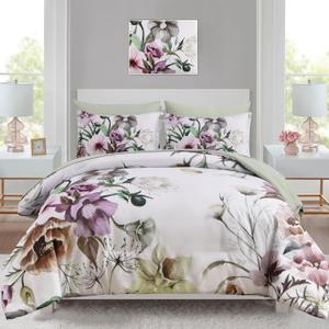 Luxudecor Floral Comforter Set Full Size 7 Piece, Green Flower Bed in a Bag, Elegant Floral Comforter with Sheet Set, Soft Microfiber Bedding Set for All Season (Green, 80"x90")