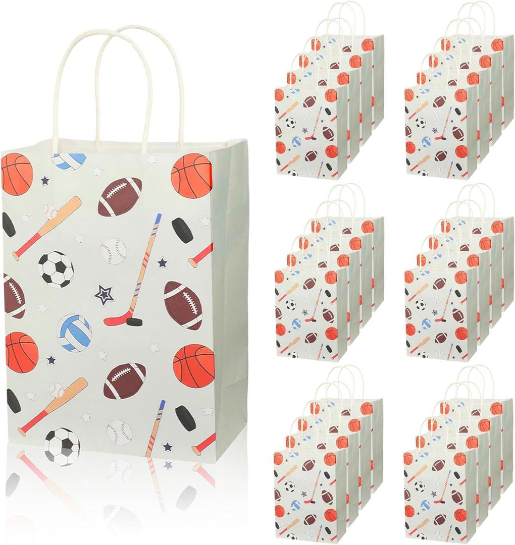 24pcs Sports Party Favor Bags, Gift Paper Bags with Baseball Basketball Football Patterns, Goodie Bag with Handles for Sports Themed Birthday Party