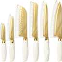 CAROTE 12PCS Kitchen Knife Set, Healthy Gold Titanium Coating Knife Set, Dishwasher Safe with 6 Blade Guards, Rustproof Stainless Steel Cutlery Set, White and Gold