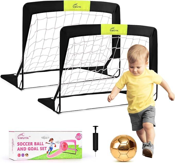 4Pcs Soccer Goals Set 2Pcs Soccer Nets 2x1.5ft 1Pcs Ball 1Pcs Pump Indoor Soccer Nets for Kids with Size 2 Toddler Soccer Ball Foldable Net with Pump Pink Purple for Children Boys Girls