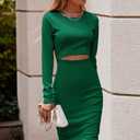 PRETTYGARDEN Women's Long Sleeve Midi Bodycon Dresses Casual Crewneck Cut Out Ribbed Knit Fitted Pencil Dress (Green, L)