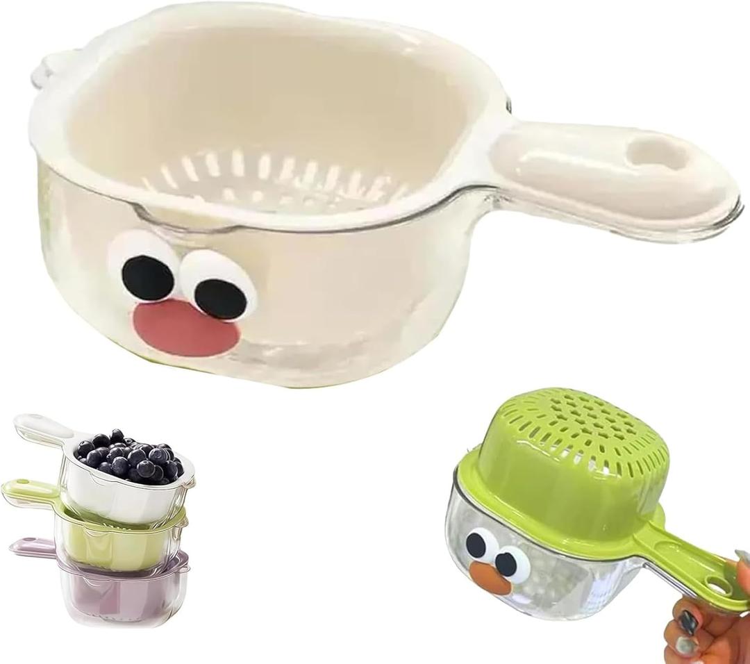 Kitchen Dual Layer Draining Basket with Handle,Double Drain Plastic Fruit Washing Bowl, Handy Mini Berry and Tomato Washer, Fruit Storage Container (White)