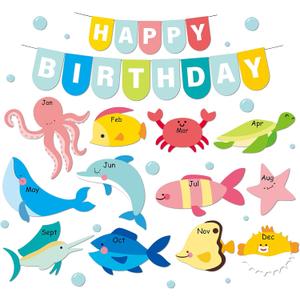 3 x JarThenaAMCS 40Pcs Under The Sea Birthday Bulletin Board Decoration Happy Birthday Classroom Calendar Poster Cartoon Ocean Life Fish Animal Paper Cutouts for Summer Back to School Wall Chalkboard