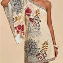 Floerns Women's Floral One Shoulder Mini Dress Dolman Sleeve Vacation Tunic Dresses (Brown, M)