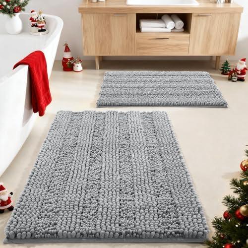 Yimobra Bathroom Rug Set 2 Piece, Soft Absorbent Chenille Bath Mat Set, Non Slip Machine Washable Quick Dry, Plush Shower Rugs for Bathroom Floor Sink Tub and Shower Outside, 32"x20"+24"x17", Gray