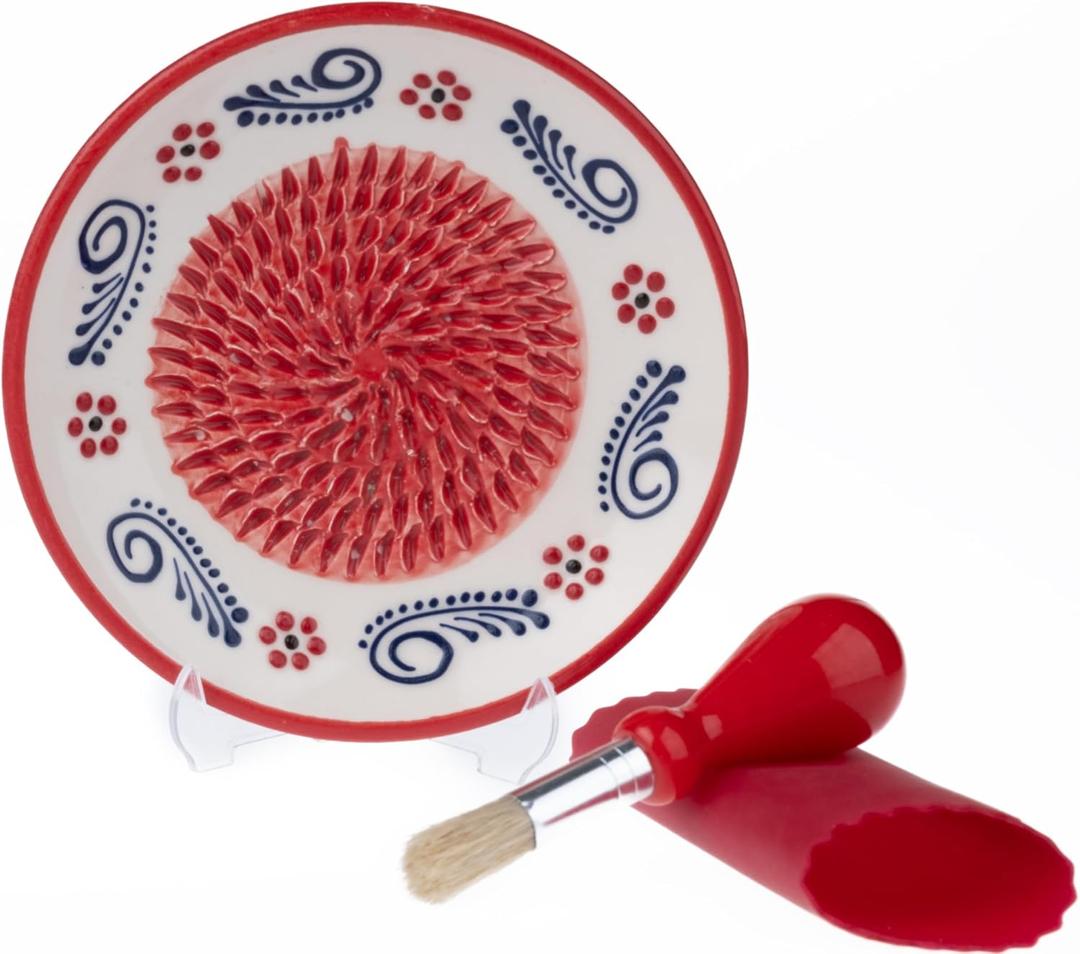 Ceramic Garlic Grater Plate - Handmade 4 Pcs Press - Natural Grinder - Decorative Mincer - Ginger, Cheese Grater - Hand Dish (Apple Red)