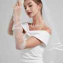 2 x White Lace Sheer Gloves,Bridal Accessories with Pearls for Wedding, Fingerless Gloves, Long Elbow Wedding Armwear for Tea Opera Party and Hallowmas Costume (White)