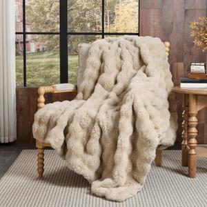 Lotus Karen Faux Fur Throw Blanket Linen - 800 GSM Bubble Rabbit Fluff Blanket for Couch Bed Sofa,Softest Fluffy Fuzzy Cozy Blanket,Thick Furry Plush Shaggy Warm Blankets for Women,90x90 Inches, Queen