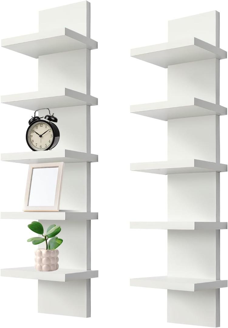 2 Pack 5 Tier Wall Shelf Unit - Narrow Smooth Laminate Finish - Vertical Column Wall Decor Mount Floating Storage Home Decor Organizer Tall Tower Utility Shelf for Bedrooms, Living Rooms(White) (White-5 Tier2 Pack)