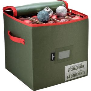Handy Laundry, Christmas Ornament Storage, Stores up to 64 Holiday Ornament, Adjustable Dividers, Zippered Top, Two Handles Attractive Storage Box Keeps Decorations Clean & Dry for Next Season, Green