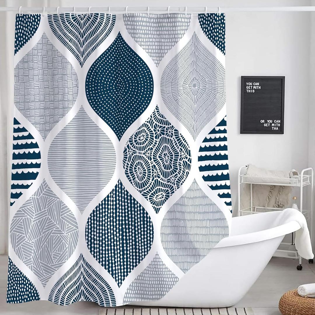 Blue and Grey Shower Curtain for Bathroom, Light Blue White Dark Gray Navy Bohemian Chic Geometric Pattern Fabric Shower Curtains Set, Modern Paisley Restroom Decor Accessories with Hooks 72X72Inches