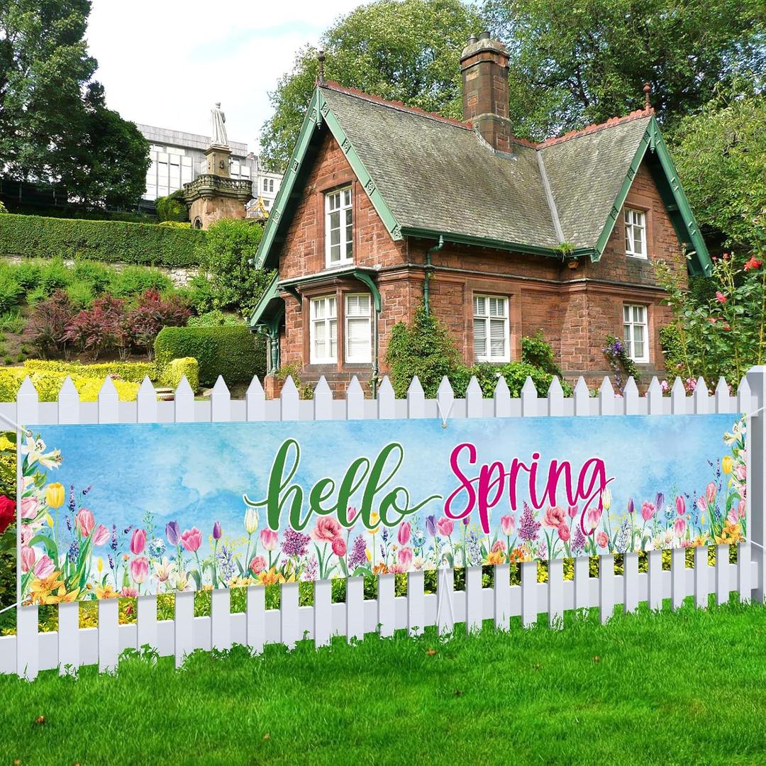 120" x 20" Double Printed Happy Hello Spring Flowers Tulip Lily Seasonal Holiday Spring/Summer Party Decorations for Indoor/Outdoor Garden,Lawn,Yard