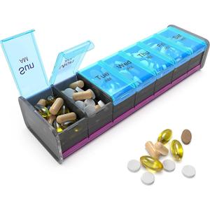 Extra Large Pill Organizer- XXL Pill Box 7 Day - Weekly Pill Organizer with AM PM Large Compartments Big Pill Case for Supplements Jumbo Pill Holder for Vitamins Huge Medicine Organizer 2 Times a Day (Purple/Blue)