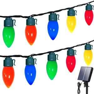 C9 Solar Christmas Lights, 33ft 50LEDs Outdoor Christmas String Lights, 8 Lighting Modes, IP65 Waterproof Outdoor Indoor Vintage Fairy Lights for Christmas Tree Party Decor (Red Green Blue Yellow Orange)