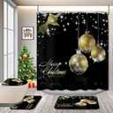 GRIEKOWE 4-Piece Christmas Bathroom Set with Shower Curtain, Toilet Lid Cover, Contour Rug & Bath Mat - Gold Ornaments on Black, Waterproof Fabric, Holiday Decoration for Bathroom, 72'' x72''
