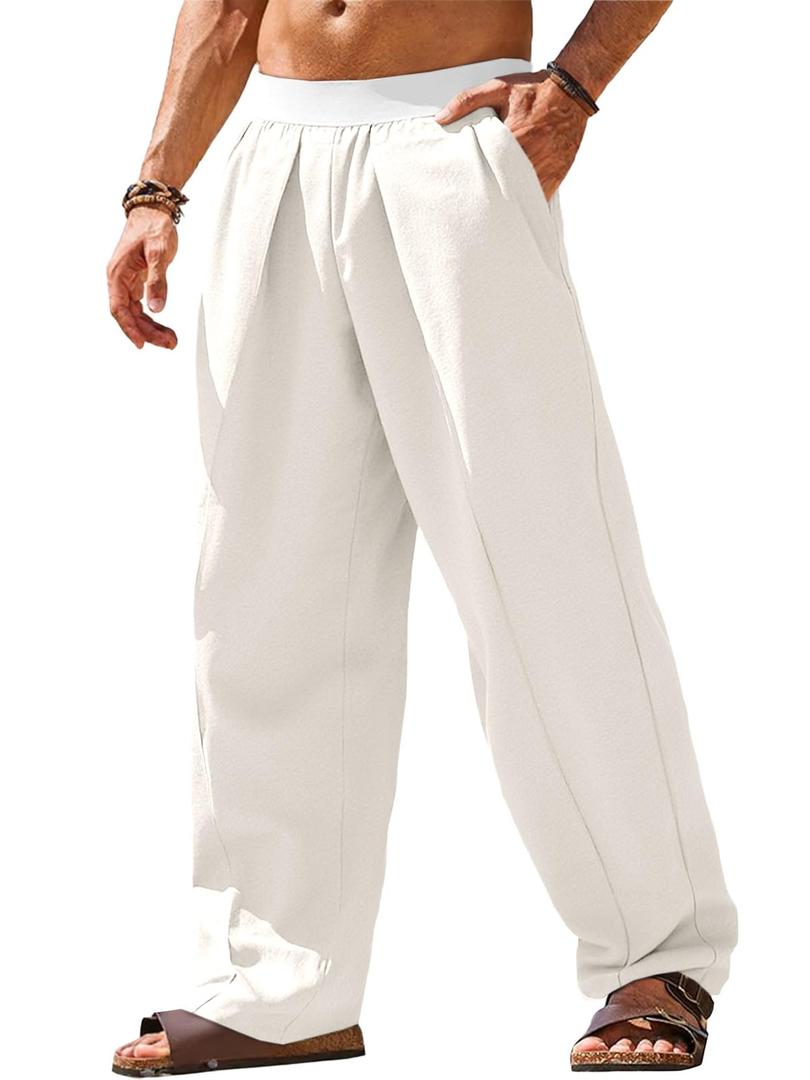 Runcati Mens Casual Linen Pants Elastic Waist Summer Beach Yoga Trousers (White)