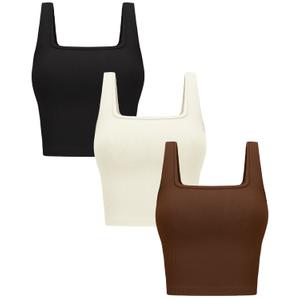 OLCHEE Womens 3 Pack Crop Tank Tops Basic Seamless Ribbed Sleeveless Square Neck Workout Top Summer Exercise Yoga Gym Shirts size XL