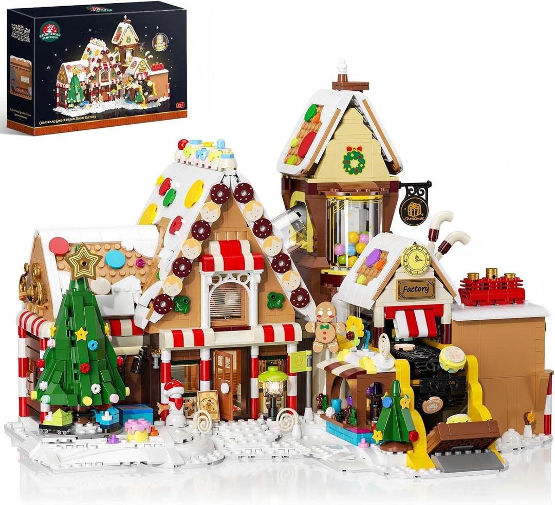JAKI Christmas Gingerbread House Factory Building Set, 2025 Christmas Village Building Block Toy with Rotating Xmas Tree,Conveyor Belt & Candy House Gift for Adults Boys Girls 12+ (1840 PCS)