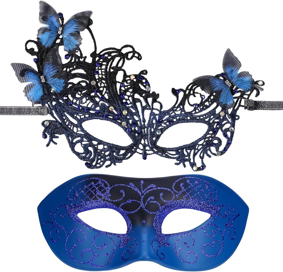 Couple Masquerade Masks Set - 2 Pcs Halloween Ball Mask Antique Venetian Eyemasks for Men Women Mardi Gras (Blue)