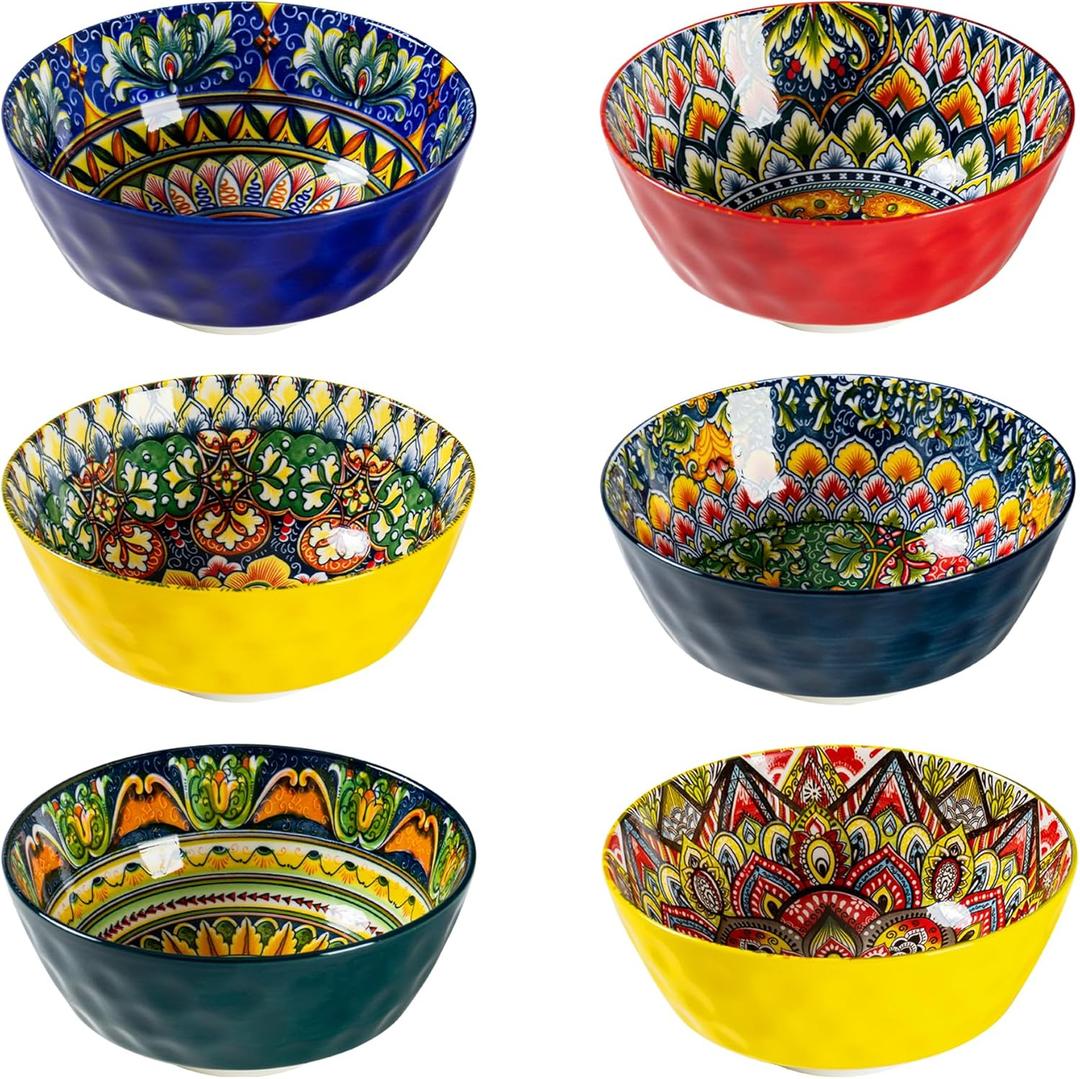 Henten Home Ceramic Soup Bowls Set of 4, 25 oz Porcelain Cereal Bowl Set, Colorful Bohemian Style Serving Bowls for Salad, Pasta, Oatmeal, Microwave & Dishwasher Safe
