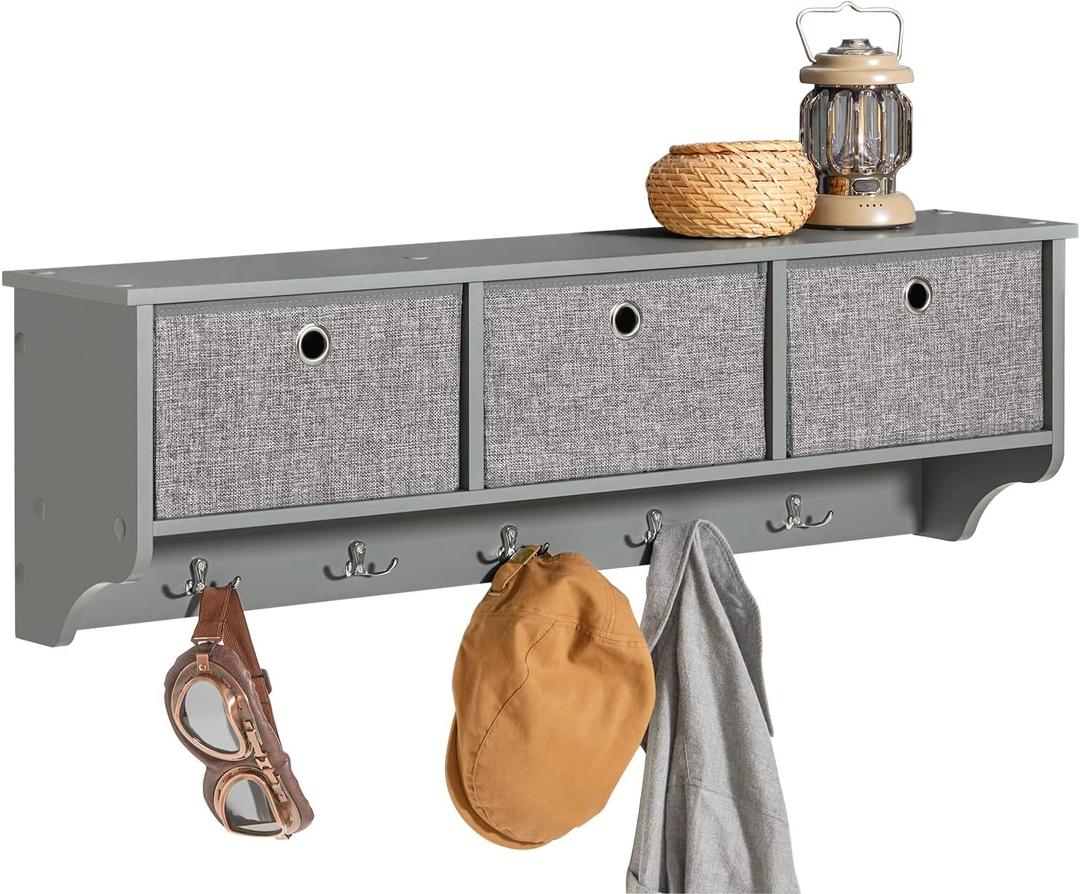 SoBuy Wall Shelf with Hooks, Coat Rack Wall Mount with Shelf Entrywall Storage Cabinet Unit with 3 Baskets 5 Hooks, Grey, FRG282-HG