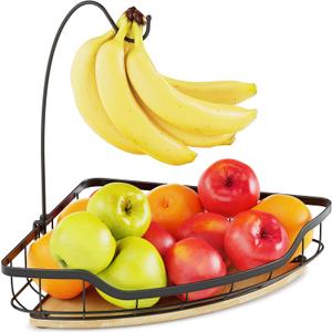 Fruit Holder for Kitchen Countertop with Banana Hanger, Vegetable Basket with Bamboo Base for Kitchen Corner Storage, Black (1 Tier)