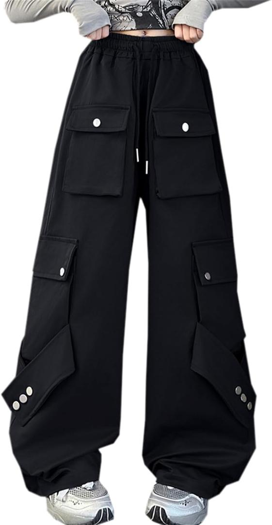 SANGTREE Cargo Pants for Girls Drawstring Waist Y2K Wide Leg Trousers with Pockets, 3-12 Years (7-8 Years, Black)