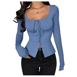 SOLY HUX Women's Long Sleeve Shirts Bow Tie Button Down Scoop Neck T-Shirt Aesthetic Going Out Tops Plain Blue Large