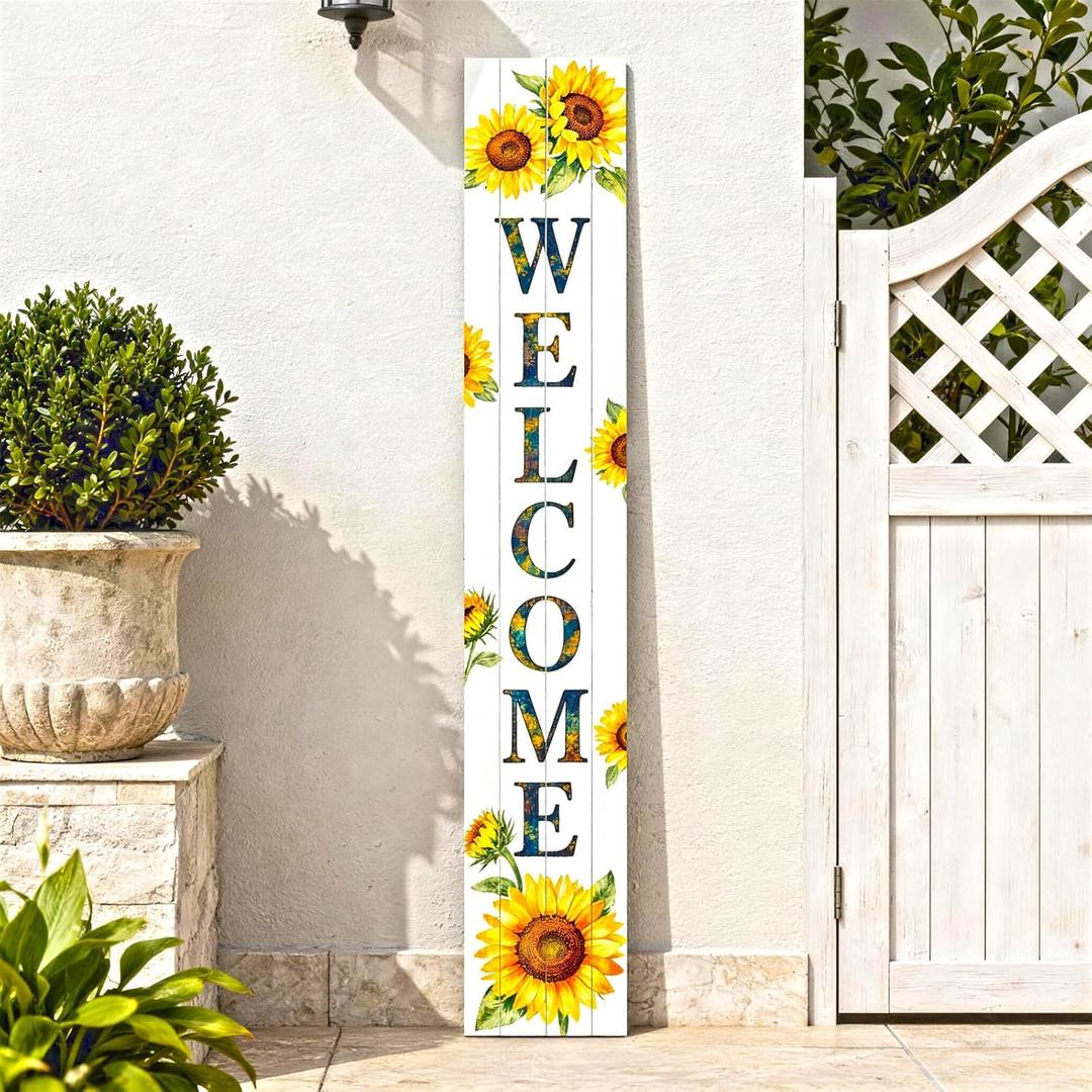 Vertical Wooden Sunflower Welcome Porch Sign,Rustic Summer Porch Standing Sign,Decorative Plaques for Front Door,Farmhouse Style Outdoor Welcome Decoration-47.2"H.