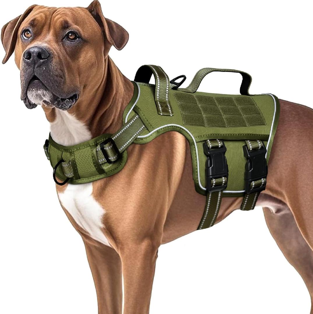 Dog Harness for Large Dogs Heavy Duty, Tactical No Pull Dog Harness with Molle System, Easy On and Off Service Dog Vest, Breathable Padded, Adjustable Reflective Pet Vest for Walking Hiking Training (L(Neck:18-24",Chest:25-36"),45-80 lbs, Green)