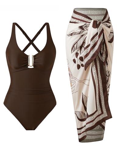 BAWHAHT One Piece Swimsuit Women with Cover Up Set Retro Bathing Suit for Women Tummy Control Beach Wrap Skirt Brown, XXL