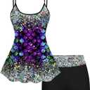 ROSE GAL Women Plus Size Hawaii Two Piece Tankini Swimsuit Set 3D Glitter Mermaid Print Padded Cami Swim Top and Boyleg Swimsuits 2 Piece Bathing Suits Tummy Control Swimwear(Black_1/ L)