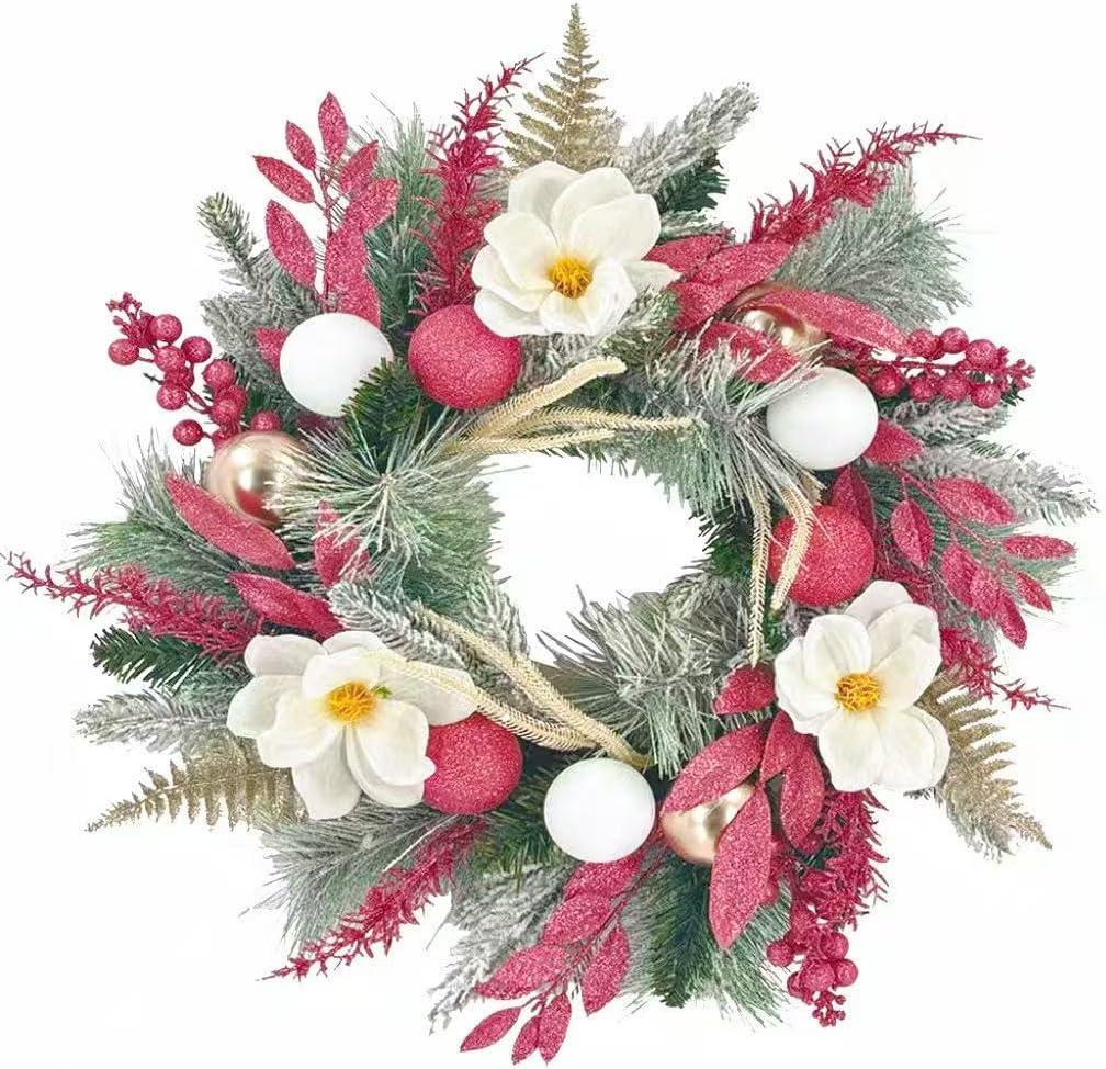 20 inch Pink Christmas Wreath for Front Door, Artificial Cedar with White Magnolia Flowers Paired with Pink Berry Balls,Used for Window, Wall, Porch, and Other Indoor and Outdoor Home Decorations