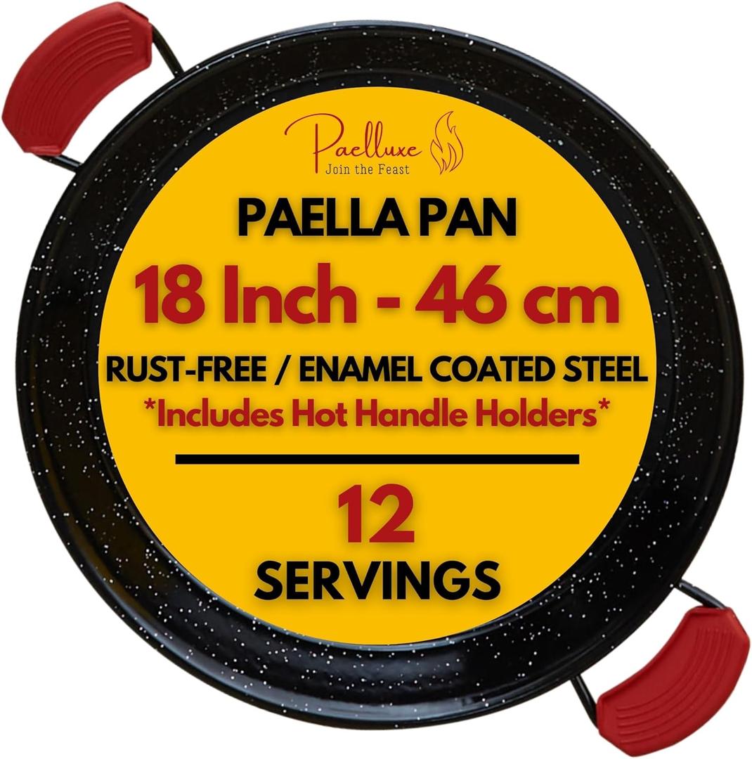 Paelluxe Paella Pan Enamelled, No-Rust Steel Skillet Perfect for Propane & Gas Burners Indoor & Outdoor Cooking Cacerola Paellera Sarten 18 Inch, for 12 Servings