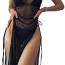 Verdusa Women's Swimsuit Mesh Cover Up High Split Drawstring Bikini Long Dress L