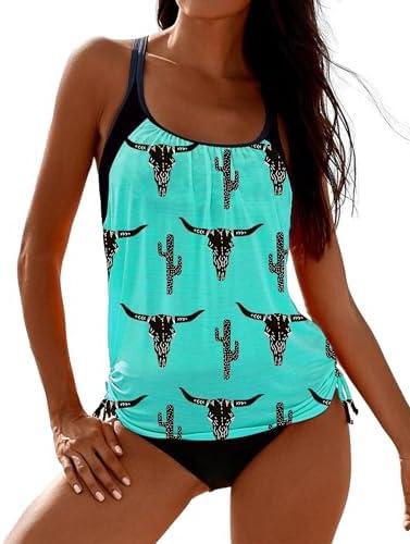 SHESHOW Cowgirl Style Tankini Swimsuits for Women Scoop Neck Ruched Blouson and Bottom 2 Piece Bathing Suits S-XL