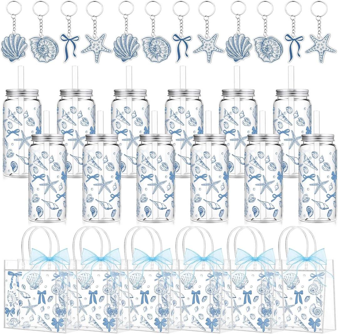 Remerry 12 Set Ocean Seashell Party Favors Ocean Theme Gift Bags Beach Party Decor Blue Bow Coastal Cups with Lid and Straw 13.5 oz Acrylic Keychains for Birthday Guest