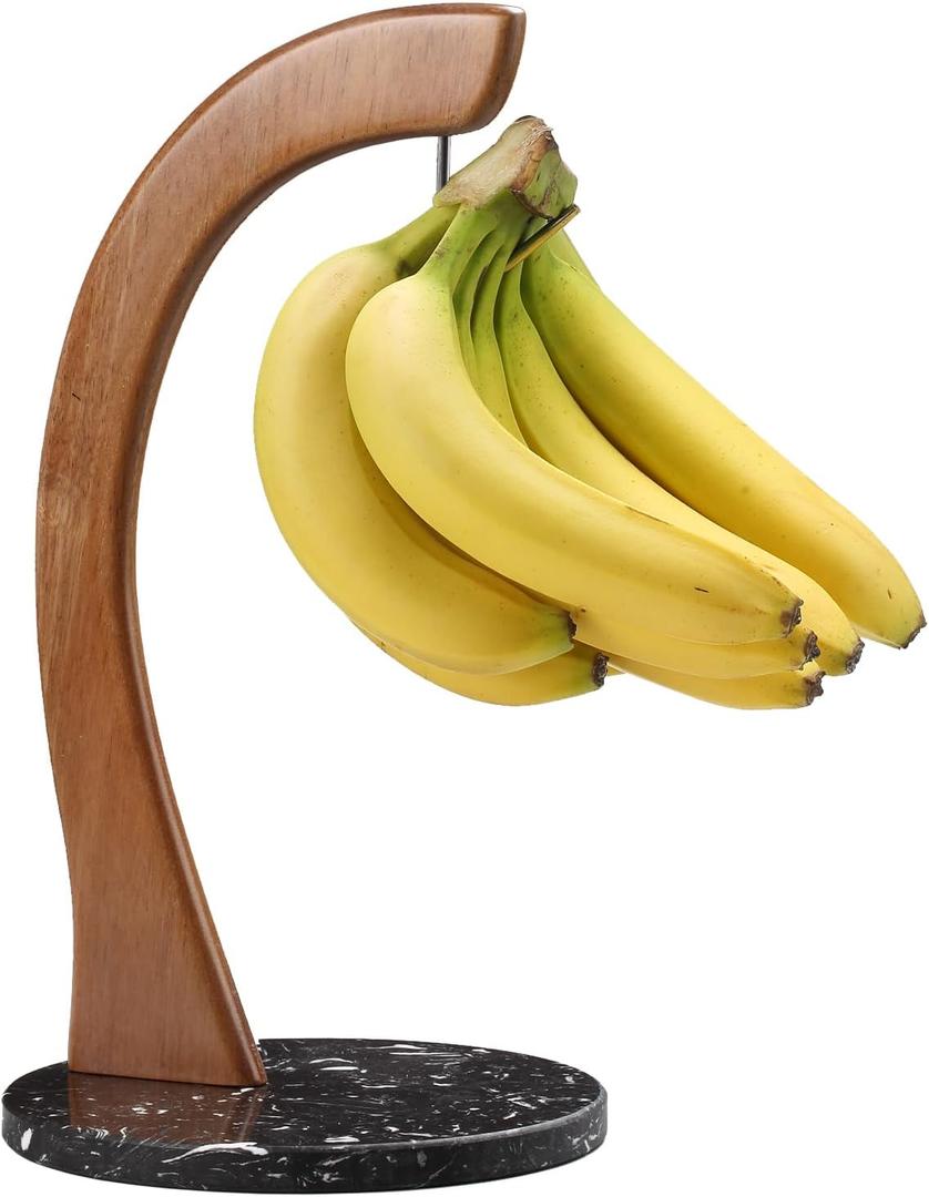 everous Marble Banana Holder with Stainless Steel Hook - Stable Banana Stand with Non-Slip Base, Heavy Duty Banana Tree & Hanger, Modern Marble Banana Rack for Kitchen Countertop (black)