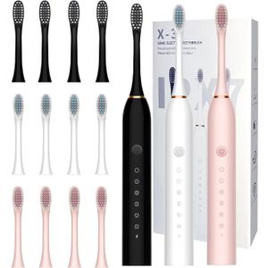 3 Pack Electric Toothbrush with 6 Modes, Rechargeable Toothbrushes with 12 Brush Head, Fast Charge 2 Min and 30s Timer Toothbrush (Black&white&pink)