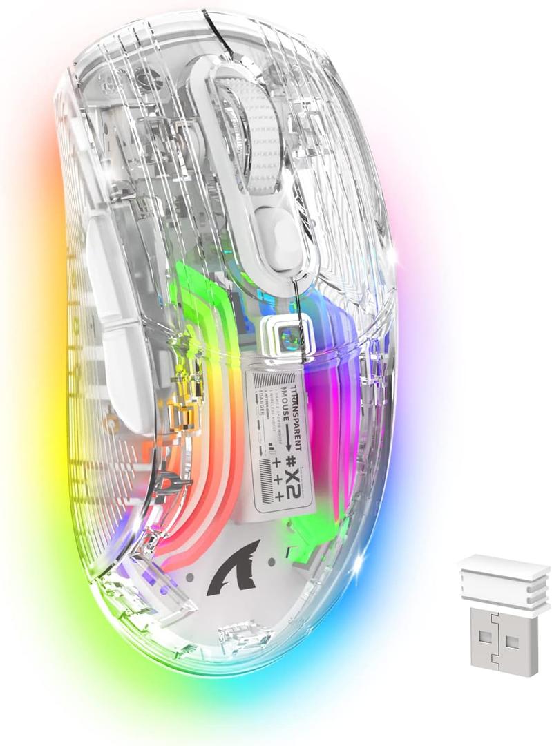 Wireless Gaming Mouse PC Transparent Shell Computer Mice with Dual mode BT5.0/2.4G,PixArt Chip 3D RGB Lighting,Ergonomic 7 Buttons,Rechargeable Mute Mouse for PC Laptop Tablet PS4 PS5 Xbox one (White)