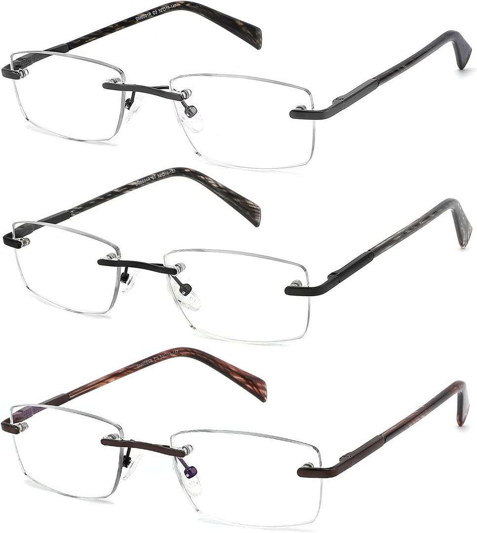 JJWELL 3 Pack Reading Glasses for Men Blue Light Blocking, Lightweight Rimless Metal Mens Eyeglasses Readers, Anti Eyestrain/Dryness/Computer Glare/UV 400, Spring Hinge Eyeglasses (3.50 x, Black Gunmetal Brown)