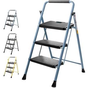 TICONN 3 Step Ladder, Heavy Duty Foldable Step Stool, Portable Steel Folding Stool for Household Garage Storage (Blue)
