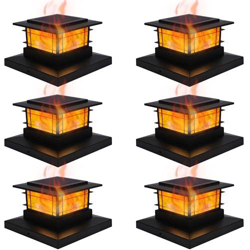 Dynaming 6 Pack Solar Post Cap Lights Outdoor with Flickering Flame Light, Fence Post Solar Lights Fit for 4x4 5x5 6x6 Vinyl/Wooden Posts, High Brightness SMD LED Lighting Decor for Garden Deck Patio