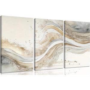 3Pcs Gold Abstract Marble Canvas Wall Art Modern Grey and Gold Fluid Painting Picture Wall Decor neutral Marble Poster Print Artwork for Bedroom Living Room Office Hotel Home Decoration