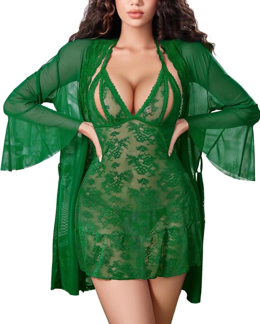Avidlove Women Sexy Lingerie Set 3 Piece Mesh Kimono Robe with Lace Babydoll Sleepwear Halter Lingerie Nightgown (Small, Green)
