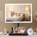 FUNTOUCH Rechargeable Makeup Vanity Mirror with Lights, Large Lighted Desk Makeup Mirror with 96 LED Lights and 10x Magnifying, 3 Color Lighting, Make up Light Mirror with Phone Holder,Black