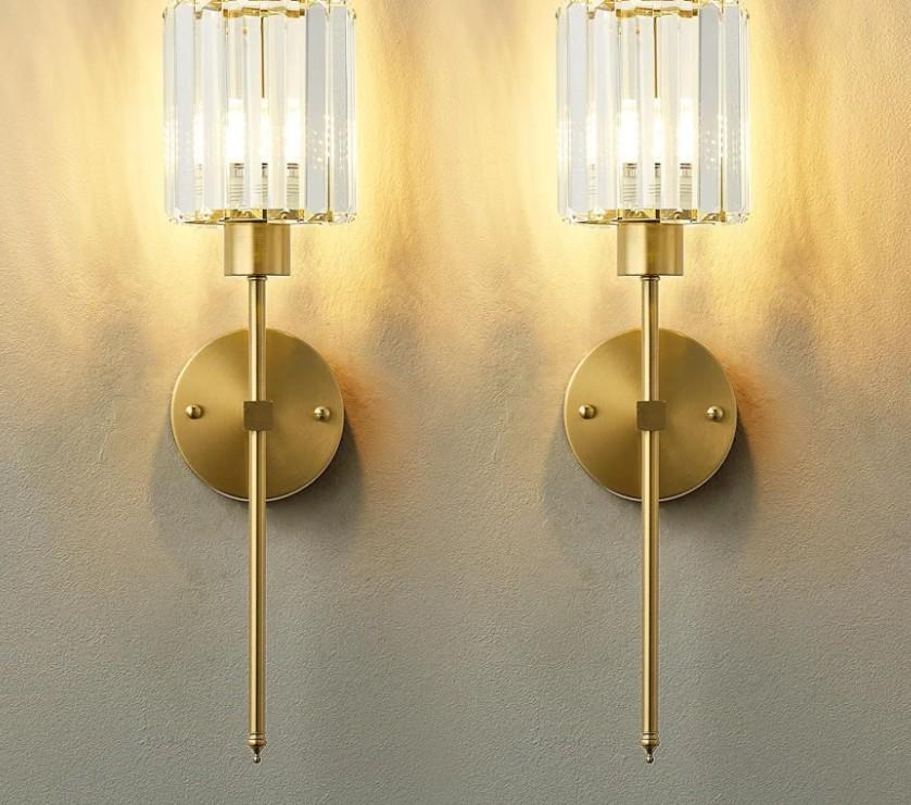 Hardwired Crystal Wall Sconces Set of Two - Dimmable Wall Light Fixtures 3000K, Warm White, for Hallway, Bathroom, Living Room, Bedroom, Brass, 20.1 Inch