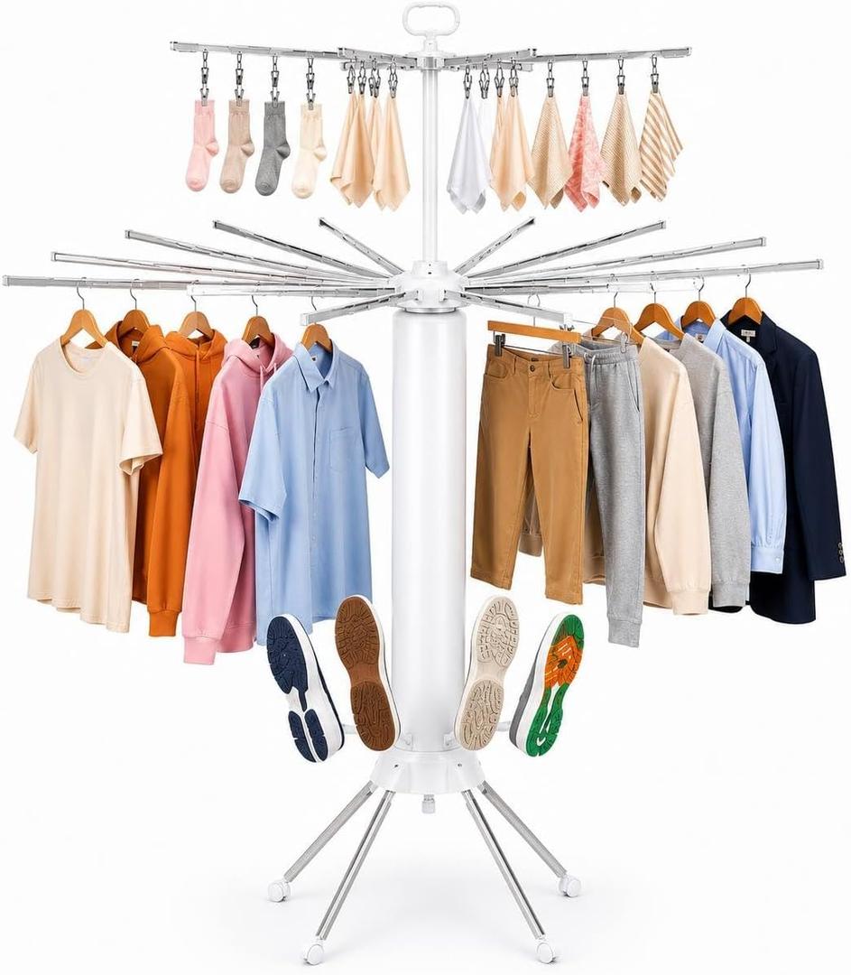 Tripod Clothes Drying Rack, Space Saving Rust-Proof Aluminum, Rotating Foldable Portable Stand for Laundry, Indoor & Outdoor Garment Rack + Bonus Lint Roller