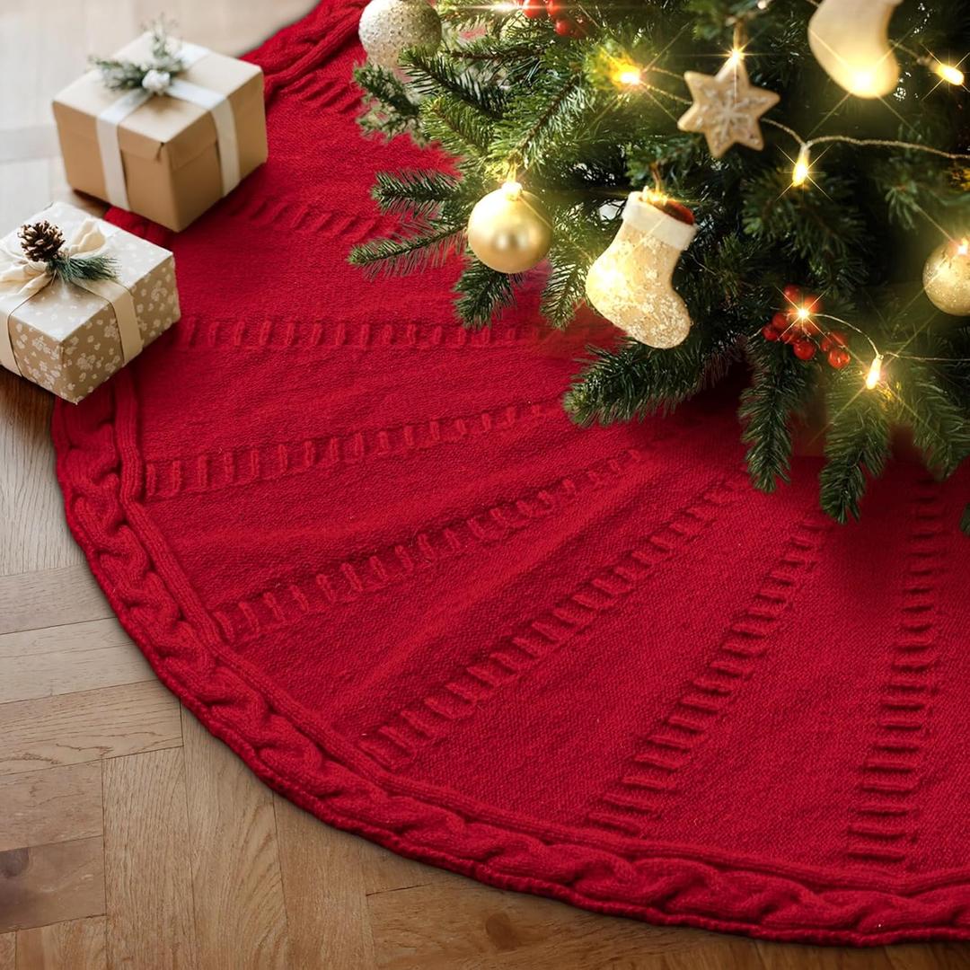 Lanpn Knitted Christmas Tree Skirt 36 inch, Cable Knit Xmas Tree Skirt Rustic Christmas Tree Mat for Large Artificial Trees Farmhouse Winter Home Party Holiday Indoor Xmas Decor (Red, 90cm)