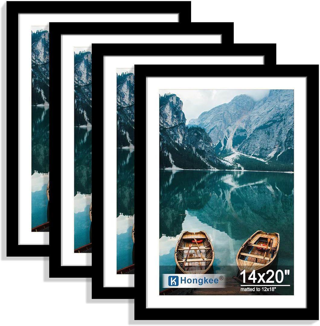 Hongkee 14x20 Frame Set of 4, 14 x 20 Black Wood Style(Mat 12x18), 14X20 in